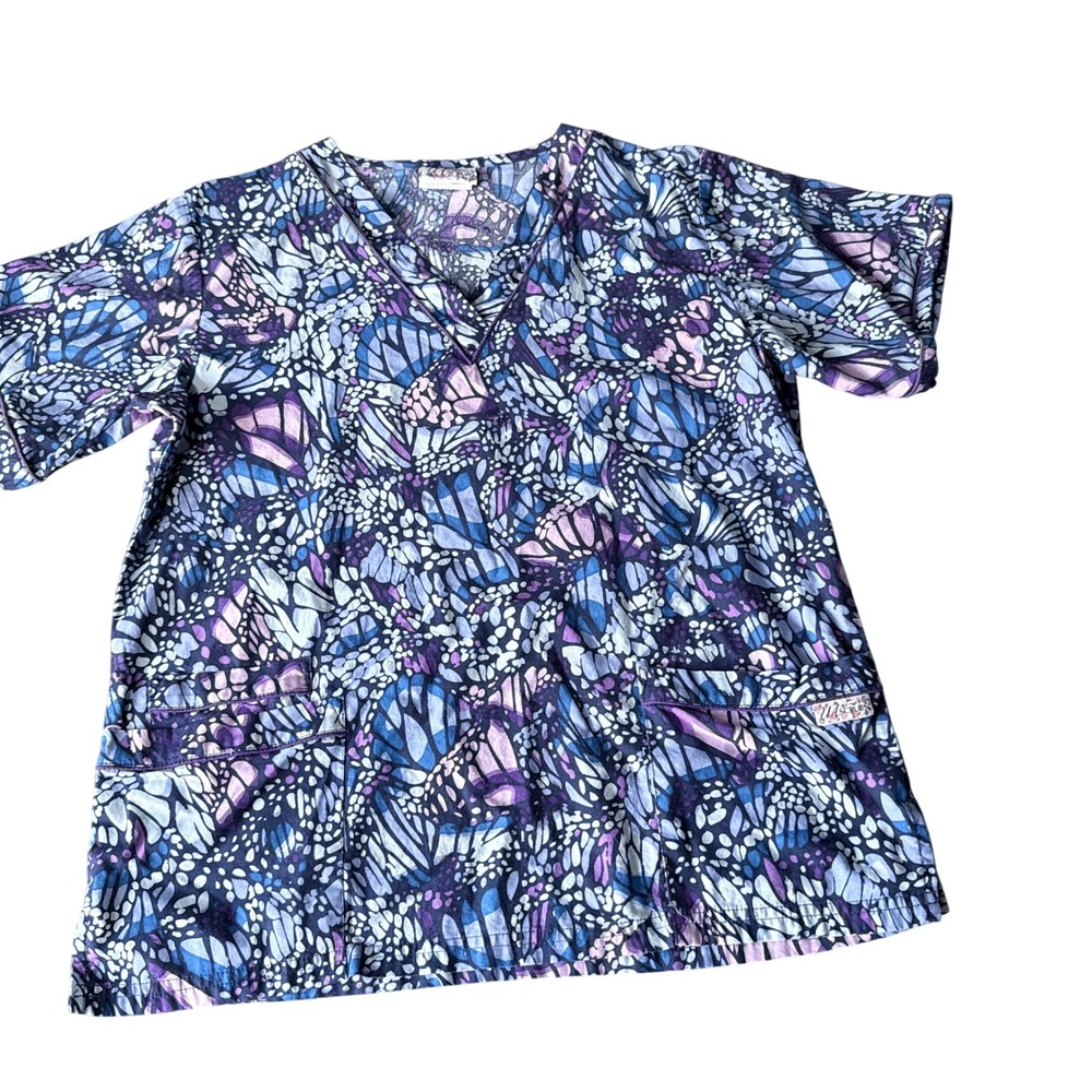 UA Scrubs Butterfly Effect Navy V-Neck Scrub Top Purple Blue Cotton U262BEN M